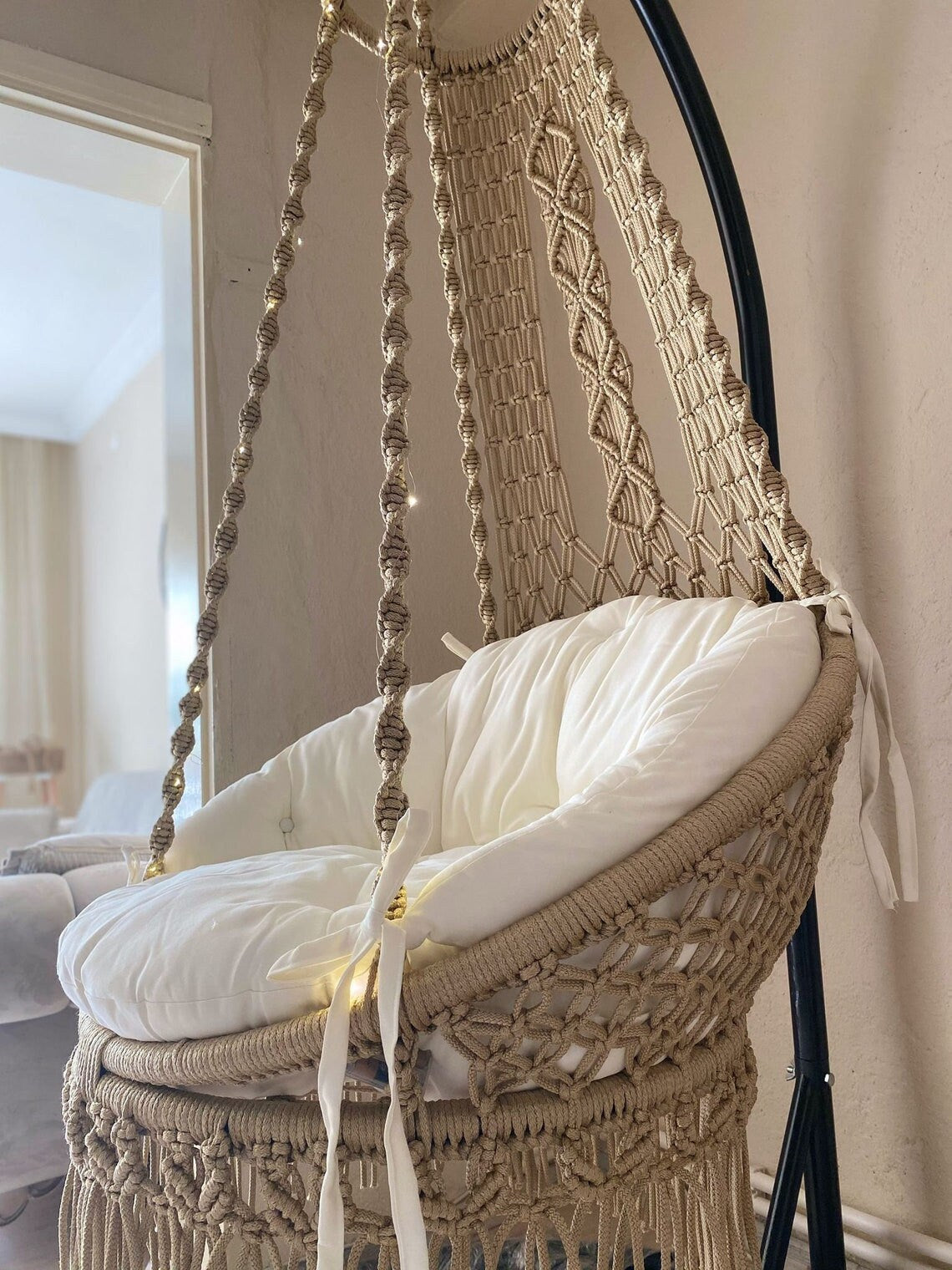 Beige Macrame Swing Chair With Mattress For Adults - Leechoo